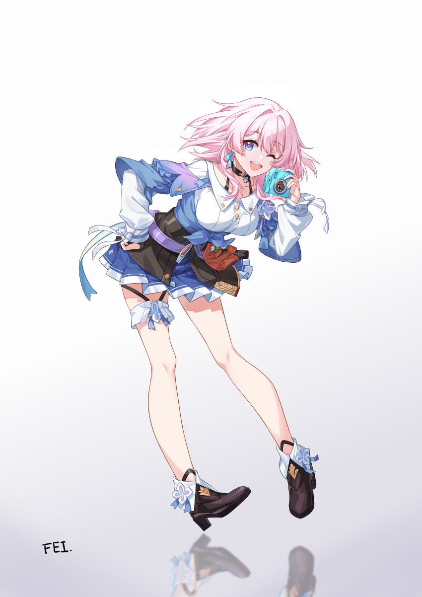 1girl, absurdres, ankle_boots, black_boots, black_choker, black_gloves, black_overskirt, blue_eyes, blue_jacket, blue_skirt, boots, bra_strap, breasts, buttons, camera, choker, collarbone, earrings, english_commentary, feiken_631, fold-over_boots, gloves, gradient_background, gradient_clothes, gradient_jacket, grey_background, hand_on_own_hip, high_heel_boots, high_heels, highres, holding, holding_camera, honkai:_star_rail, honkai_(series), jacket, jewelry, long_sleeves, looking_at_viewer, march_7th_(honkai:_star_rail), march_7th_(preservation)_(honkai:_star_rail), medium_breasts, medium_hair, miniskirt, multicolored_eyes, one_eye_closed, partially_fingerless_gloves, pink_eyes, pink_hair, pink_jacket, pleated_skirt, shirt, single_earring, single_glove, skirt, smile, solo, teeth, thigh_strap, tied_jacket, two-tone_eyes, underbust, upper_teeth_only, white_background, white_boots, white_shirt
