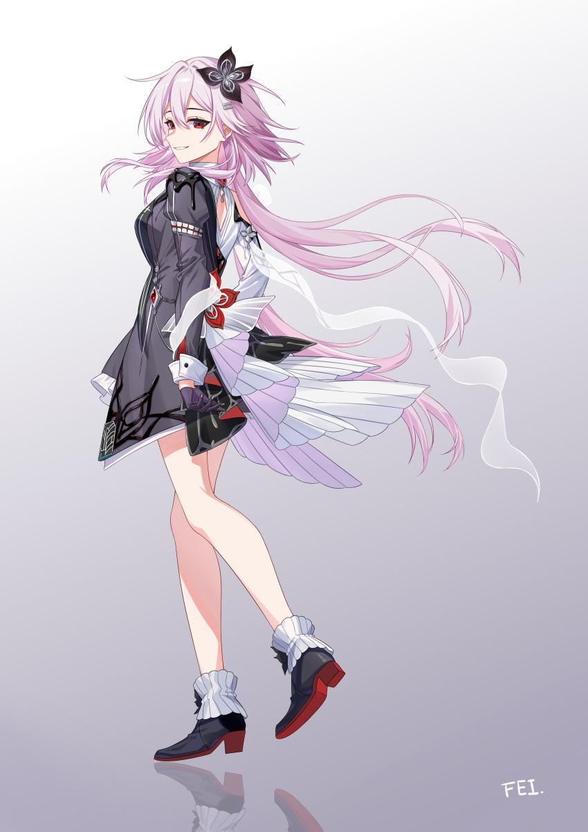 1girl, absurdres, ankle_boots, asymmetrical_clothes, black_boots, black_dress, black_flower, black_gloves