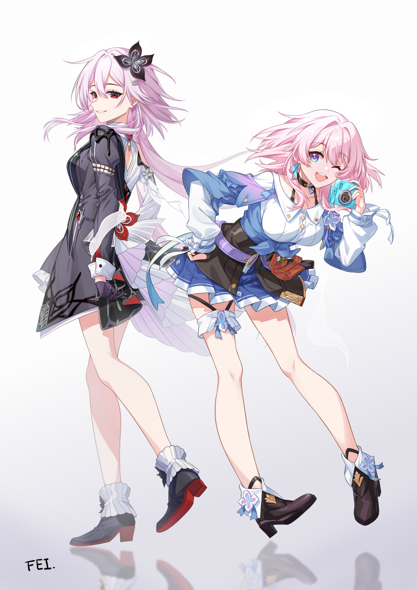 2girls, absurdres, ankle_boots, asymmetrical_clothes, black_boots, black_choker, black_dress, black_gloves, black_overskirt, blue_eyes, blue_jacket, blue_skirt, boots, bra_strap, breasts, buttons, camera, choker, collarbone, dress, dual_persona, english_commentary, evernight_(honkai:_star_rail), feiken_631, flower, flower_ornament, fold-over_boots, full_body, gloves, gradient_background, gradient_clothes, gradient_jacket, hair_flower, hair_ornament, hairclip, hand_on_own_hip, high_heel_boots, high_heels, highres, holding, holding_camera, honkai:_star_rail, honkai_(series), jacket, layered_dress, long_hair, long_sleeves, looking_at_viewer, march_7th_(honkai:_star_rail), march_7th_(preservation)_(honkai:_star_rail), medium_breasts, medium_hair, miniskirt, multicolored_boots, multicolored_eyes, multiple_girls, one_eye_closed, open_mouth, parallel_hairclips, partially_fingerless_gloves, pink_eyes, pink_hair, pink_jacket, pleated_skirt, red_boots, shirt, short_dress, signature, single_bare_shoulder, single_glove, skirt, smile, teeth, thigh_strap, tied_jacket, two-tone_boots, two-tone_eyes, underbust, upper_teeth_only, variant_set, white_boots, white_dress, white_shirt