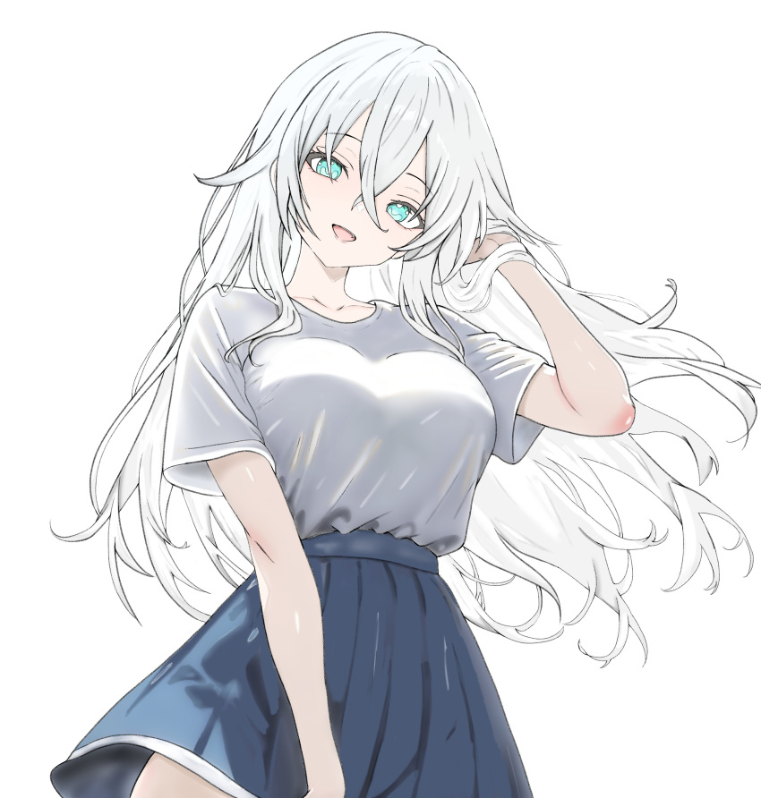 1girl, absurdres, aqua_eyes, black_heart_(neptunia), blue_eyes, blue_skirt, breasts, commentary, english_commentary, hair_flaps, hand_in_own_hair, hand_up, highres, long_hair, looking_at_viewer, medium_breasts, miniskirt, neptune_(series), open_mouth, pleated_skirt, shirt, shirt_tucked_in, short_sleeves, simple_background, single_horizontal_stripe, skirt, skirt_tug, smile, solo, t-shirt, upper_body, very_long_hair, white_background, white_hair, white_shirt, yoshi_mcswagger