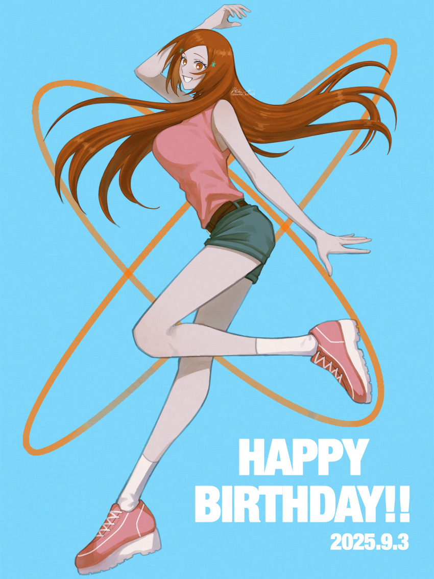 1girl, absurdres, arm_up, bare_arms, bare_shoulders, belt, birthday, bleach, blue_background, blue_shorts, breasts, brown_eyes, brown_hair, commentary_request, dated, denim, denim_shorts, floating_hair, from_side, full_body, hair_ornament, hairclip, happy_birthday, highres, inoue_orihime, kneehighs, large_breasts, long_hair, looking_at_viewer, momo_ka1010, pink_shirt, pink_shoes, shirt, shoes, short_shorts, shorts, signature, sleeveless, sleeveless_shirt, socks, solo, standing, standing_on_one_leg, twitter_username, white_socks