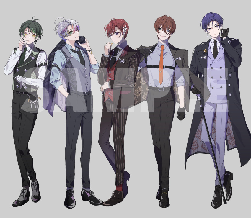 5boys, ;), adjusting_clothes, ahoge, antenna_hair, belt, belt_buckle, black_belt