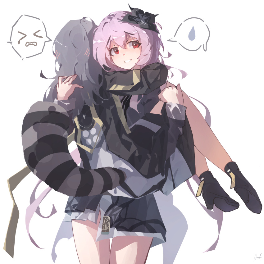 >_<, 2girls, absurdres, awoodden, black_jacket, blush, carrying, evernight_(honkai:_star_rail), flower, grey_hair, hair_between_eyes, hair_flower, hair_ornament, high_heels, highres, honkai:_star_rail, honkai_(series), hug, jacket, long_hair, long_sleeves, march_7th_(honkai:_star_rail), medium_hair, multiple_girls, pink_hair, princess_carry, red_eyes, simple_background, smile, spoken_expression, spoken_sweatdrop, stelle_(honkai:_star_rail), sweatdrop, tail, trailblazer_(honkai:_star_rail), white_background, yuri