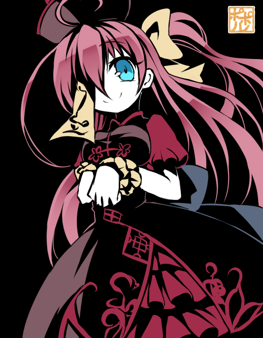 1girl, artist_name, black_background, black_dress, blue_eyes, bow, breasts, brown_hat