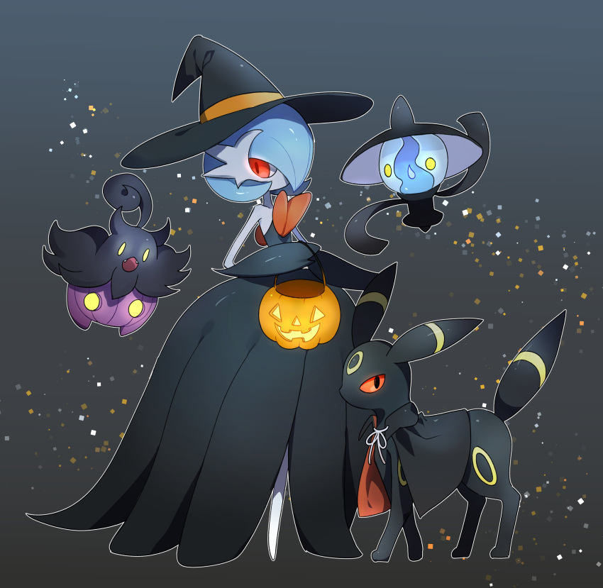 absurdres, alternate_color, black_cape, black_dress, black_fur, black_gloves, blue_hair, bob_cut, cape, colored_skin, dress, elbow_gloves, etchyu, gardevoir, ghost, gloves, gradient_background, hair_over_one_eye, halloween_bucket, hat, highres, lampent, mega_gardevoir, mega_pokemon, pokemon, pokemon_(creature), pumpkaboo, red_eyes, shiny_pokemon, strapless, strapless_dress, umbreon, white_skin, witch_hat, yellow_eyes