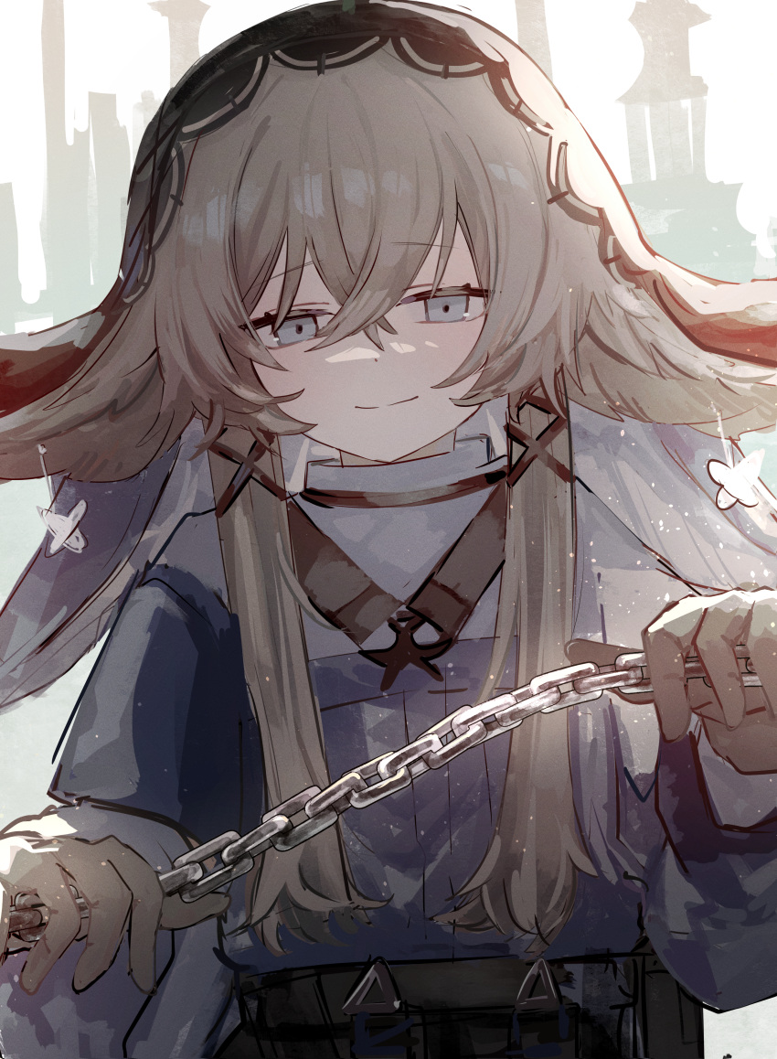 1girl, absurdres, arknights, brown_gloves, brown_hair, chain, closed_mouth, commentary