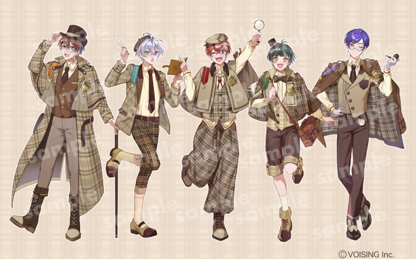 5boys, :d, ;), ;d, ahoge, alternate_costume, ankle_boots, antenna_hair