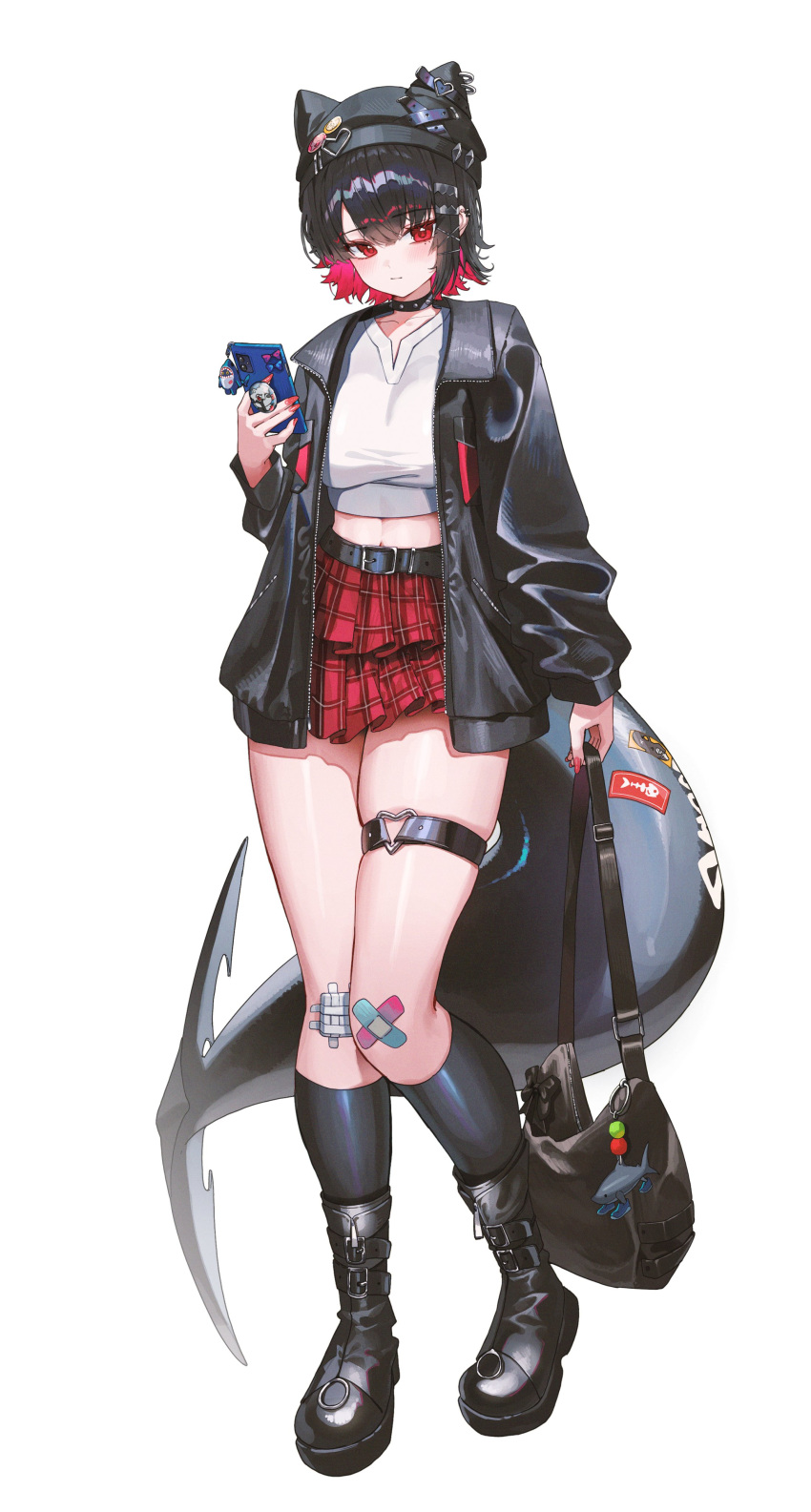1girl, absurdres, ai-generated_art_(topic), bag, bandages, bandaid, bandaid_on_knee, bandaid_on_leg, beanie, belt, black_bag, black_belt, black_boots, black_hair, black_jacket, boots, breasts, casual, cellphone, cellphone_charm, cellphone_strap, character_charm, charm_(object), colored_inner_hair, contemporary, crop_top, domi_(hongsung0819), ellen_joe, fingernails, fins, fish_tail, hair_ornament, hat, heart_ring_strap, highres, holding, holding_bag, holding_phone, italian_brainrot_ai_animals_(meme), jacket, large_breasts, long_fingernails, long_sleeves, meme, messenger_bag, mole, mole_under_eye, multicolored_hair, nail_polish, o-ring, o-ring_thigh_strap, phone, plaid_clothes, plaid_skirt, pleated_skirt, red_eyes, red_hair, red_nails, red_skirt, shark, shark_girl, shark_tail, sharkboo_(zenless_zone_zero), shirt, short_hair, shoulder_bag, skindentation, skirt, smartphone, solo, tail, thigh_strap, two-tone_hair, white_shirt, zenless_zone_zero