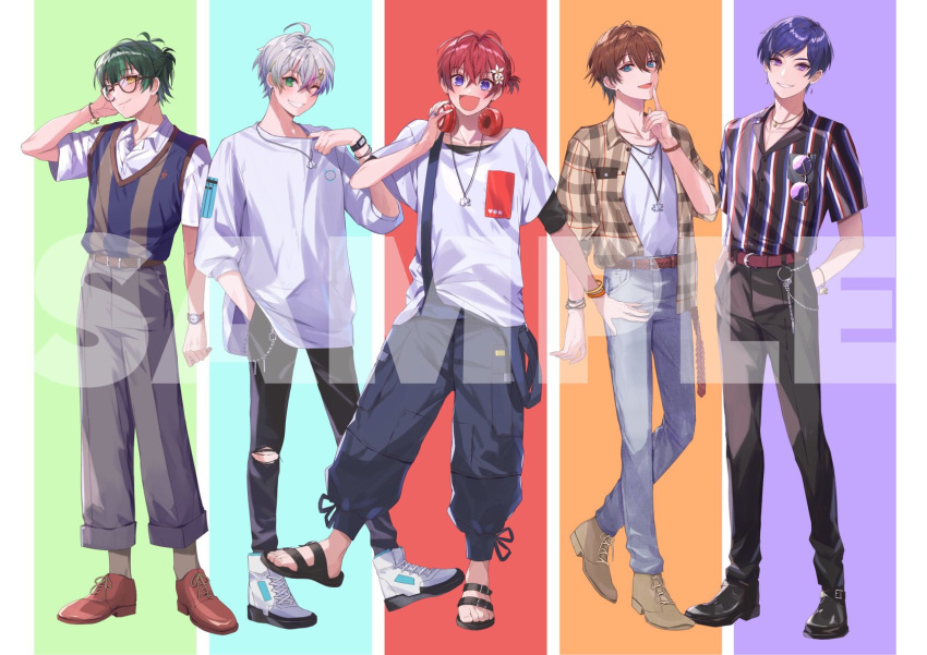 5boys, :d, ;), ahoge, alternate_costume, antenna_hair, aqua_background, arm_at_side