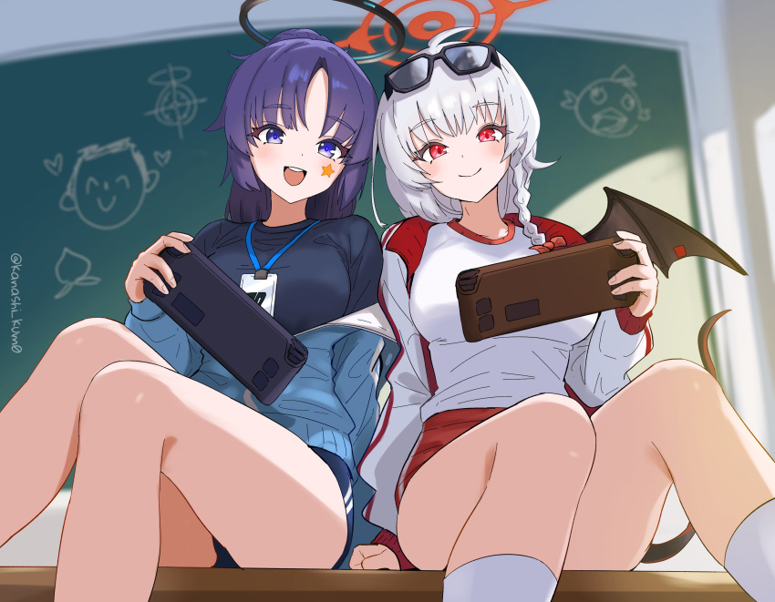 2girls, absurdres, black_shirt, black_tail, black_wings, blue_archive, blue_buruma, braid