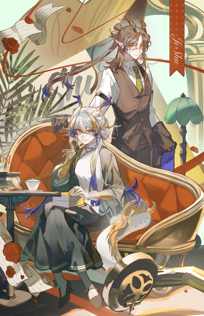 1boy, 1girl, :d, absurdres, alternate_costume, antique_phone, aqua_eyes, arknights