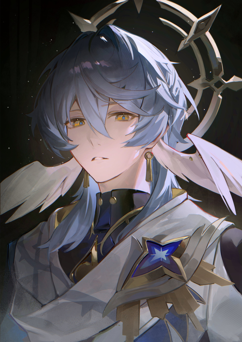 1boy, absurdres, arts_(90620075), black_background, black_shirt, blue_jacket, blue_pupils, clothing_cutout, earrings, feathered_wings, gold_earrings, grey_hair, hair_between_eyes, halo, halo_behind_head, hashtag-only_commentary, head_wings, highres, honkai:_star_rail, honkai_(series), jacket, jewelry, looking_at_viewer, male_focus, medium_hair, multicolored_jacket, parted_lips, piercing, scarf, shirt, shoulder_cutout, solo, spiked_halo, sunday_(honkai:_star_rail), two-sided_scarf, two-tone_jacket, upper_body, white_jacket, white_scarf, white_wings, wing_piercing, wings, yellow_eyes