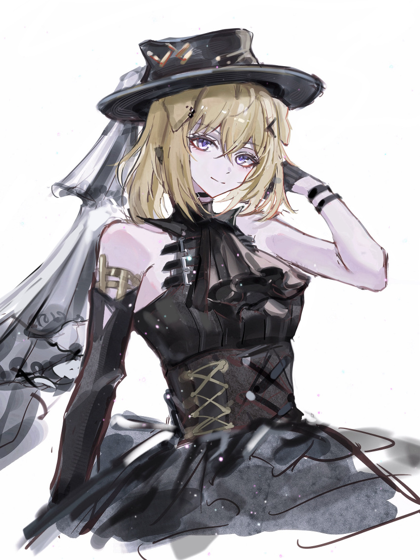 1girl, absurdres, arknights, ascot, asymmetrical_gloves, bang_dream!, bang_dream!_it's_mygo!!!!!, bare_shoulders, black_ascot, black_dress, black_gloves, black_hat, blonde_hair, closed_mouth, crossed_bangs, dress, elbow_gloves, gloves, hair_between_eyes, hair_ornament, hat, highres, looking_at_viewer, misumi_uika, misumi_uika_(caged_singer), official_alternate_costume, short_hair, simple_background, single_elbow_glove, smile, solo, uneven_gloves, violet_eyes, white_background, x_hair_ornament, zhishi_mao_tiao