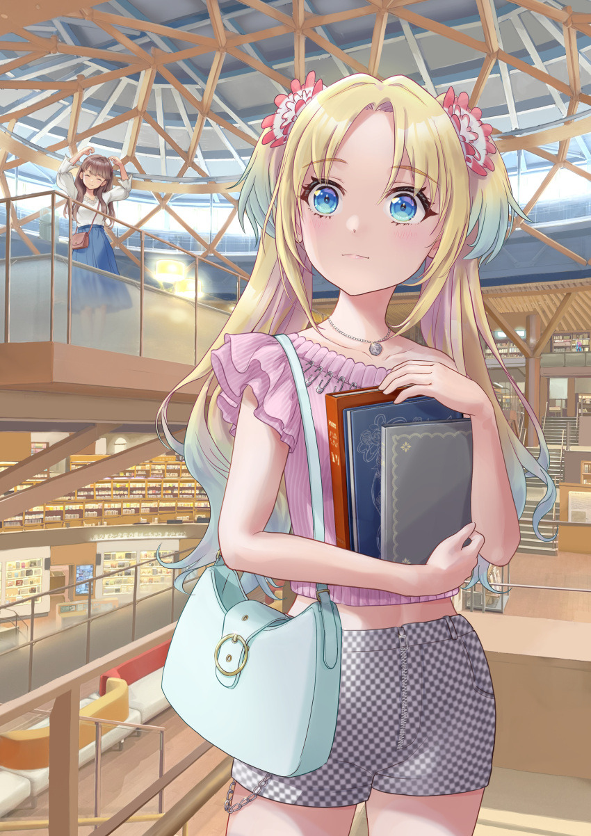 2girls, absurdres, arms_up, bag, blonde_hair, blue_bag, blue_eyes, blue_hair