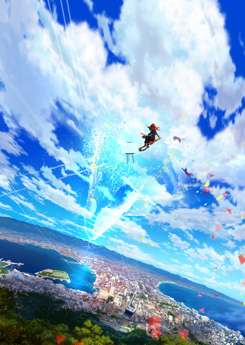 1girl, absurdres, aerial_tram, bay, black_dress, blue_sky, cat, city
