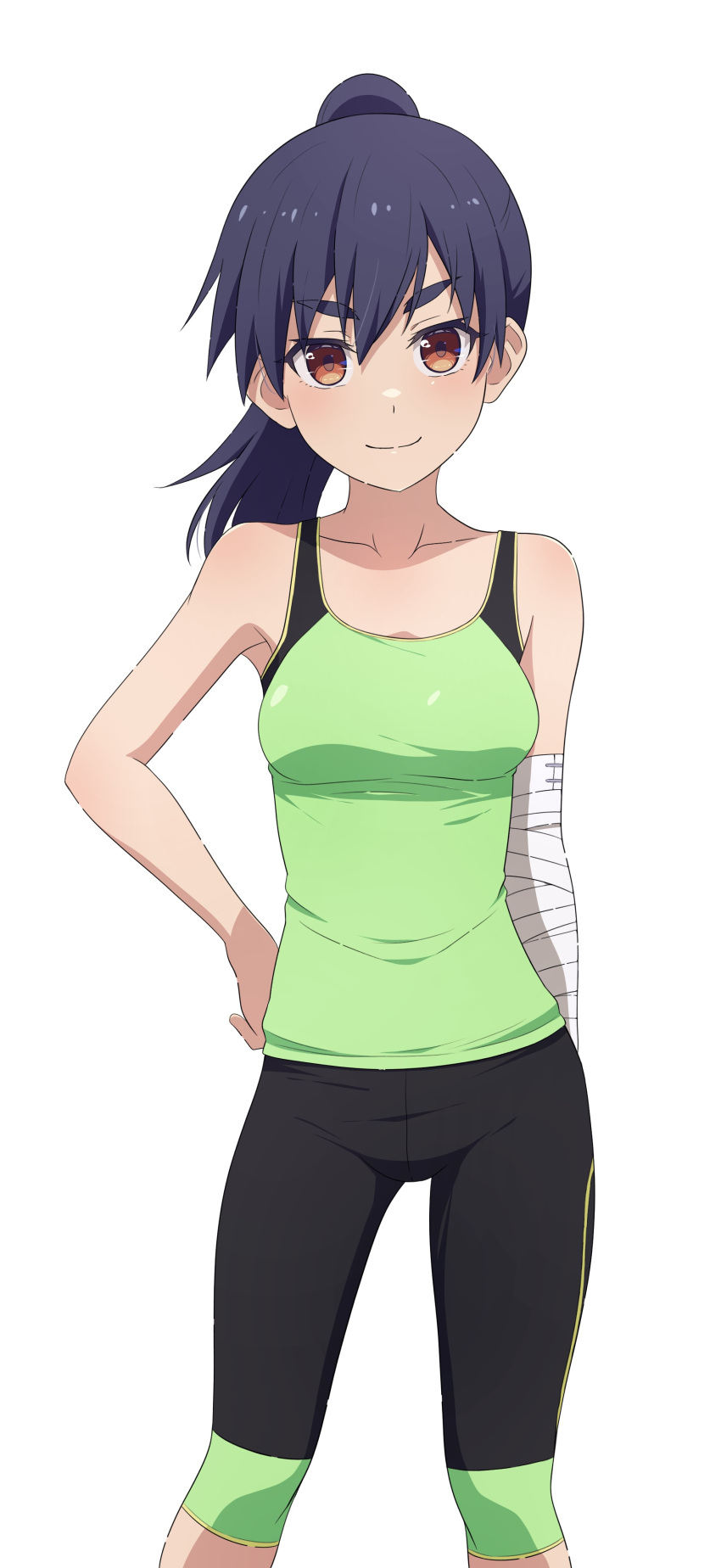 1girl, absurdres, bandaged_arm, bandages, black_hair, breasts, brown_eyes, collarbone