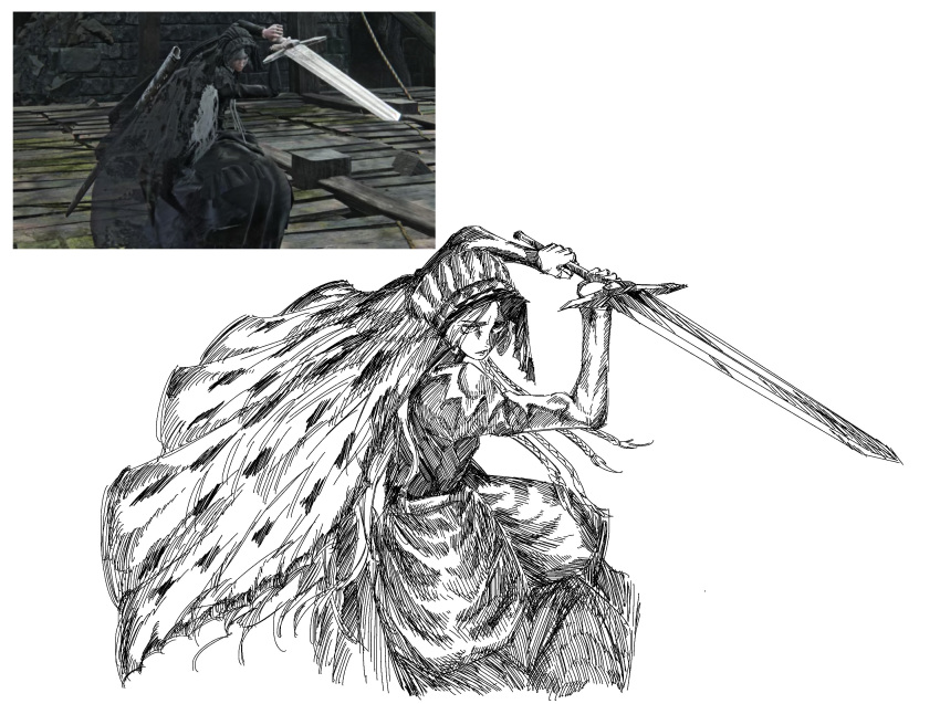 1girl, arms_up, bonnet, dress, elden_ring, elden_ring_nightreign, fighting_stance, greyscale