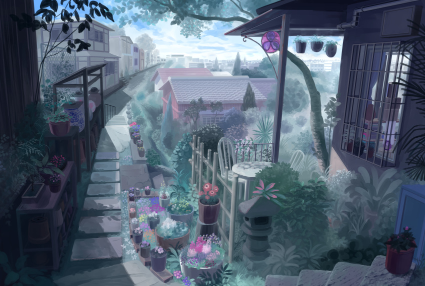 building, commentary_request, day, garden, hanging_plant, highres, house, kyuui