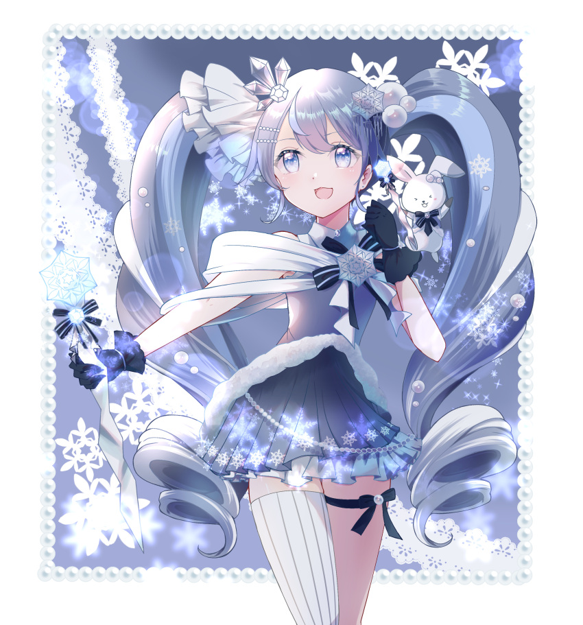 1girl, 1other, absurdres, asymmetrical_legwear, black_gloves, blue_eyes, blue_hair, blue_skirt