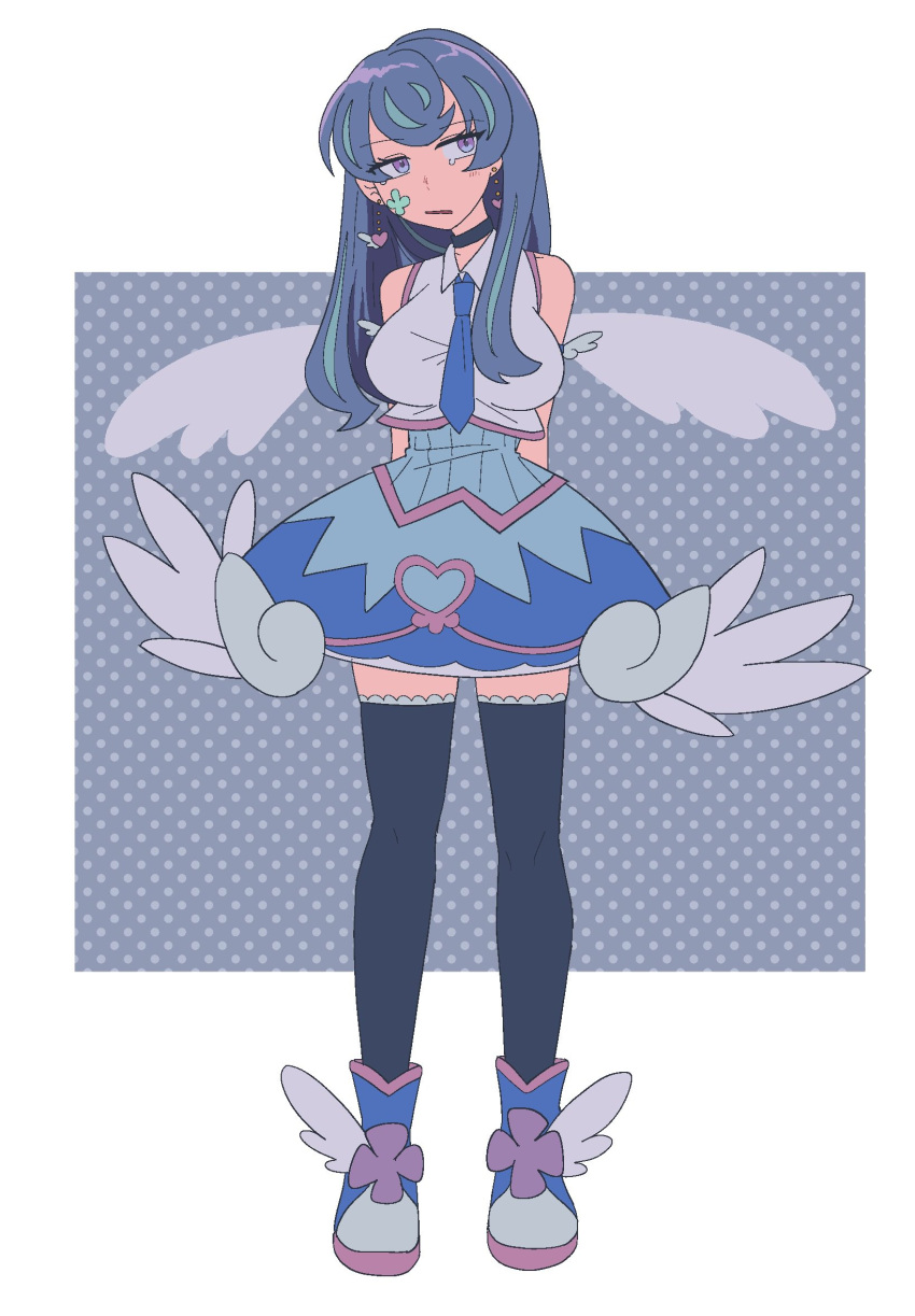1girl, alternate_hairstyle, arms_behind_back, bare_shoulders, blue_angel_(yu-gi-oh!), blue_hair, blue_necktie, clover_facial_mark, dress, earrings, facing_viewer, full_body, hair_down, heart, heart_earrings, highres, jewelry, long_hair, looking_to_the_side, nanase_(trfok1), necktie, open_mouth, shoes, sleeveless, sleeveless_dress, solo, thigh-highs, violet_eyes, wings, yu-gi-oh!, yu-gi-oh!_vrains, zaizen_aoi