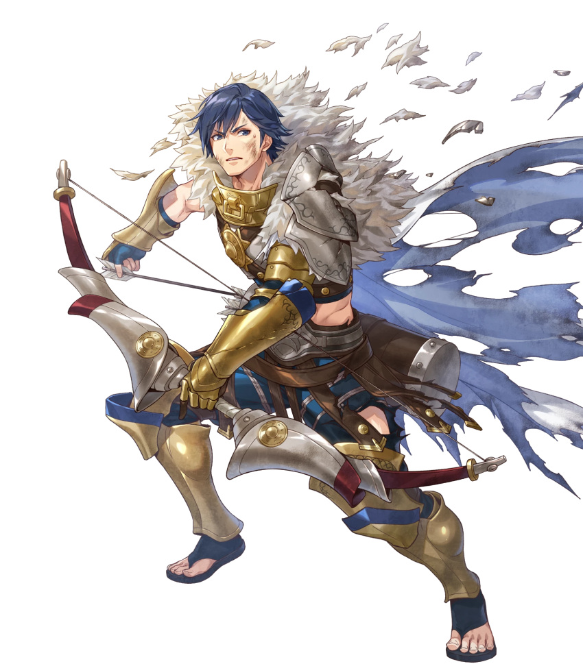 1boy, abs, attack, basilio_(fire_emblem), basilio_(fire_emblem)_(cosplay), blue_eyes, blue_hair, bow_(weapon)