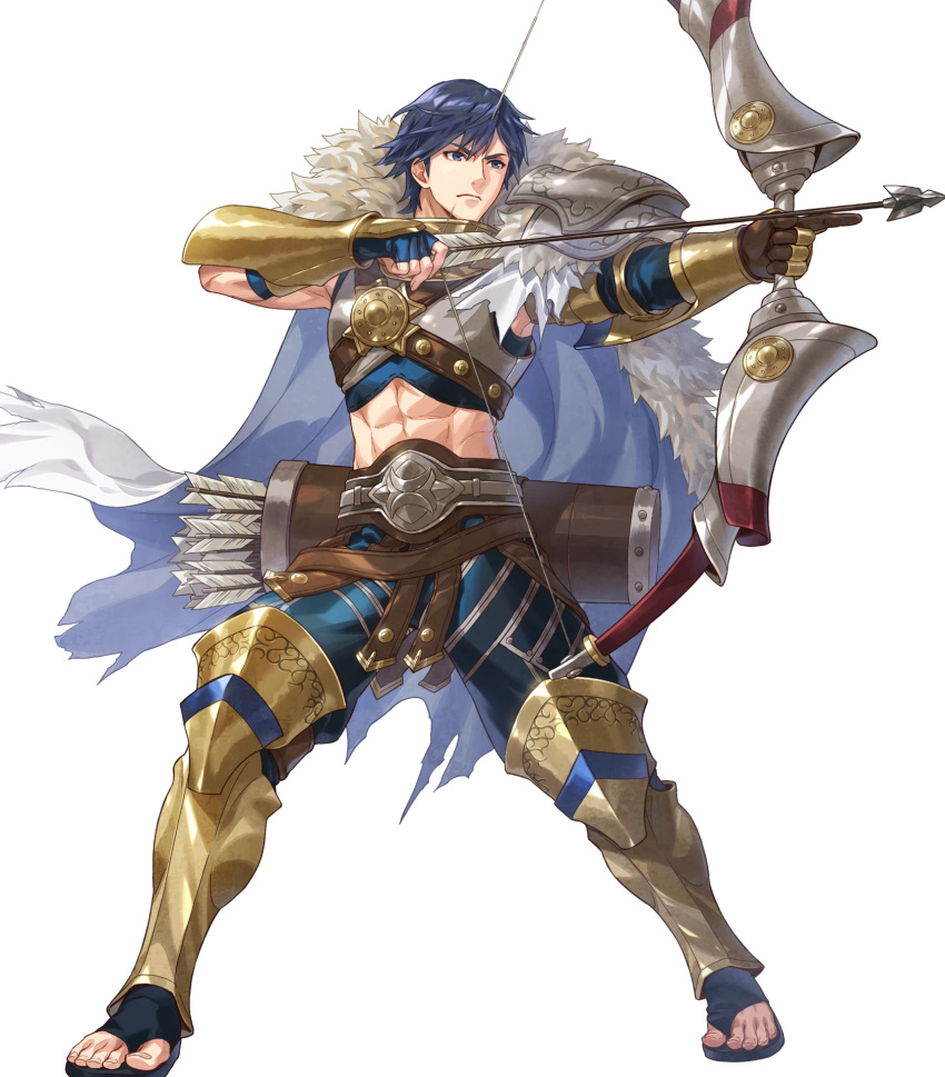 1boy, abs, attack, basilio_(fire_emblem), basilio_(fire_emblem)_(cosplay), blue_eyes, blue_hair, bow_(weapon)