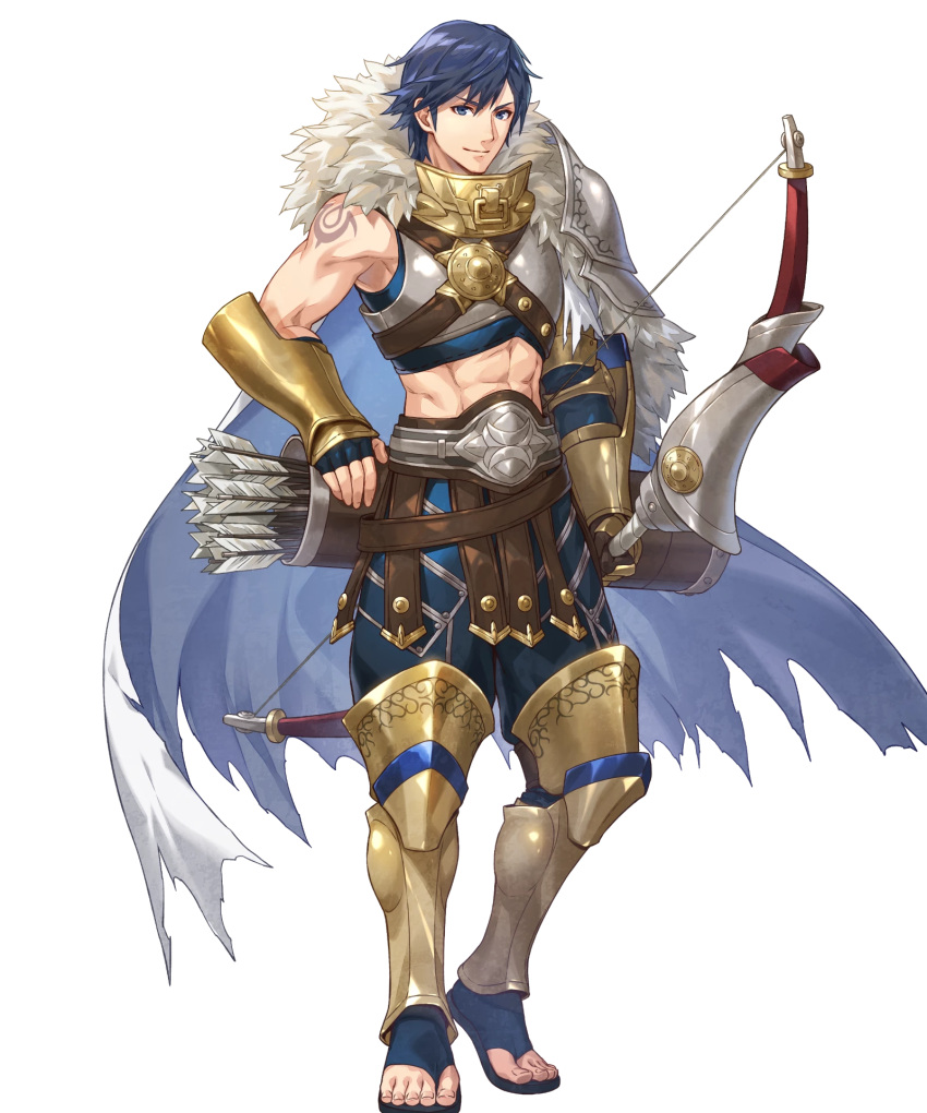 1boy, abs, basilio_(fire_emblem), basilio_(fire_emblem)_(cosplay), blue_eyes, blue_hair, bow_(weapon), brand_of_the_exalt