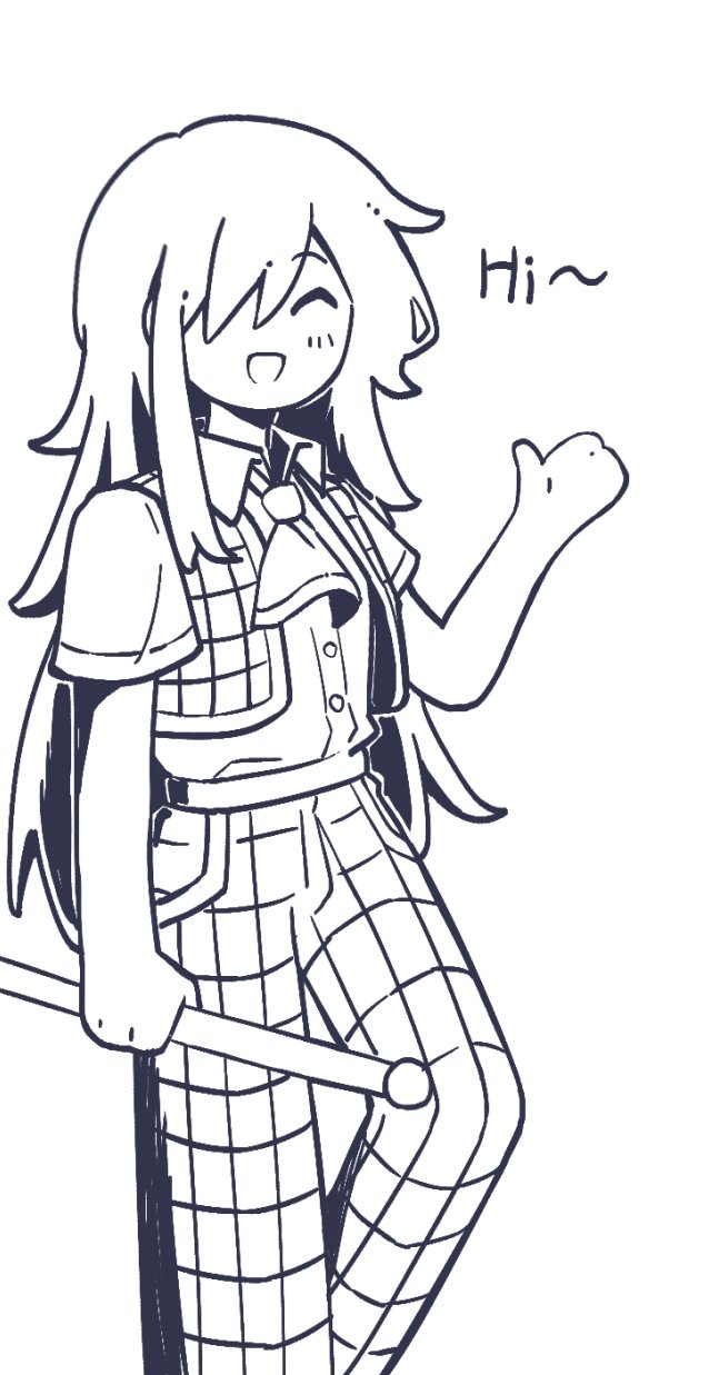 ascot, closed_eyes, dotted_line, english_text, greyscale, highres, kazami_yuuka, long_hair, looking_at_viewer, monochrome, one_eye_covered, open_mouth, smile, touhou, touhou_(pc-98), white_background, yimudesu