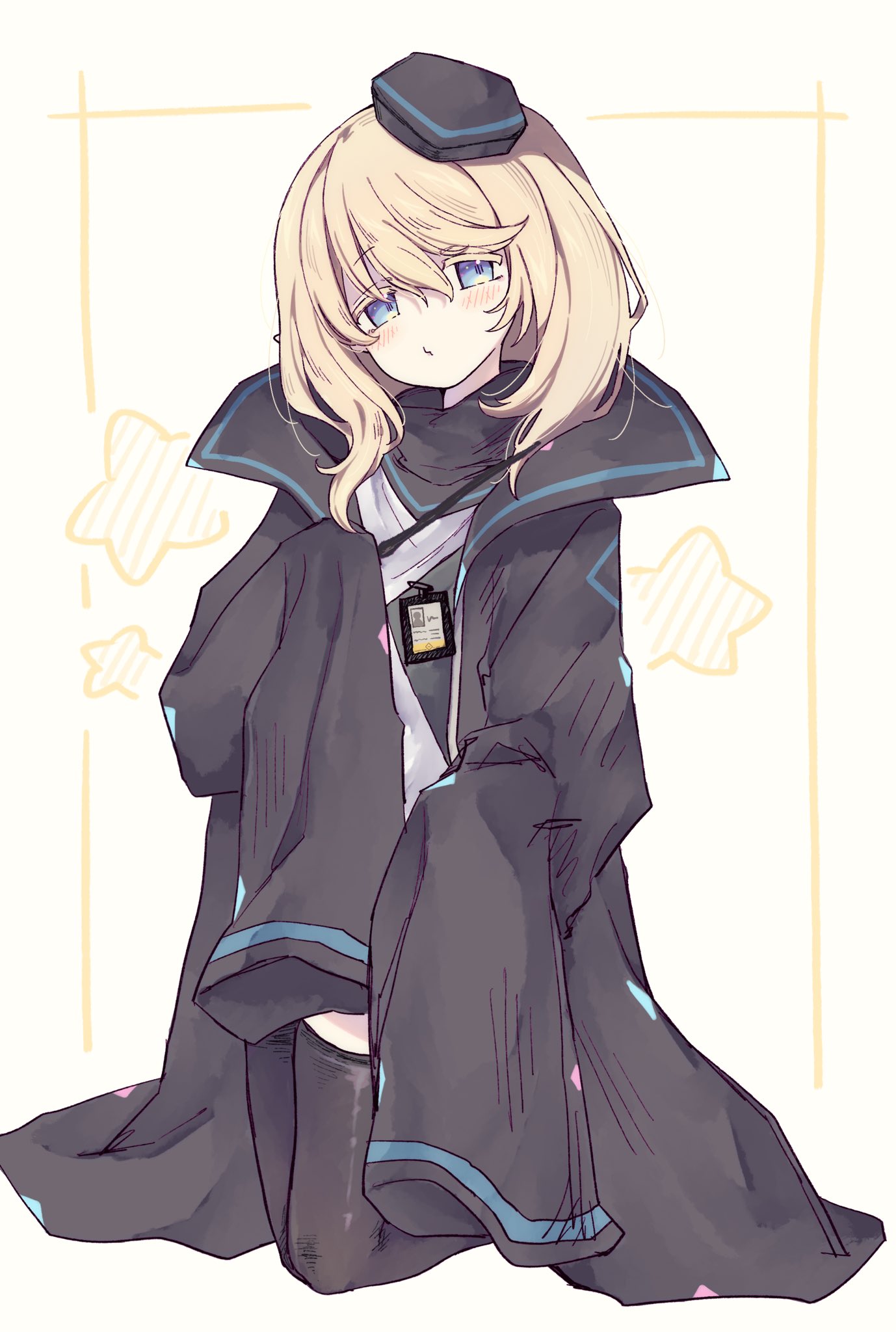 1girl, arknights, black_hat, black_jacket, black_thighhighs, blonde_hair, blue_eyes, blush