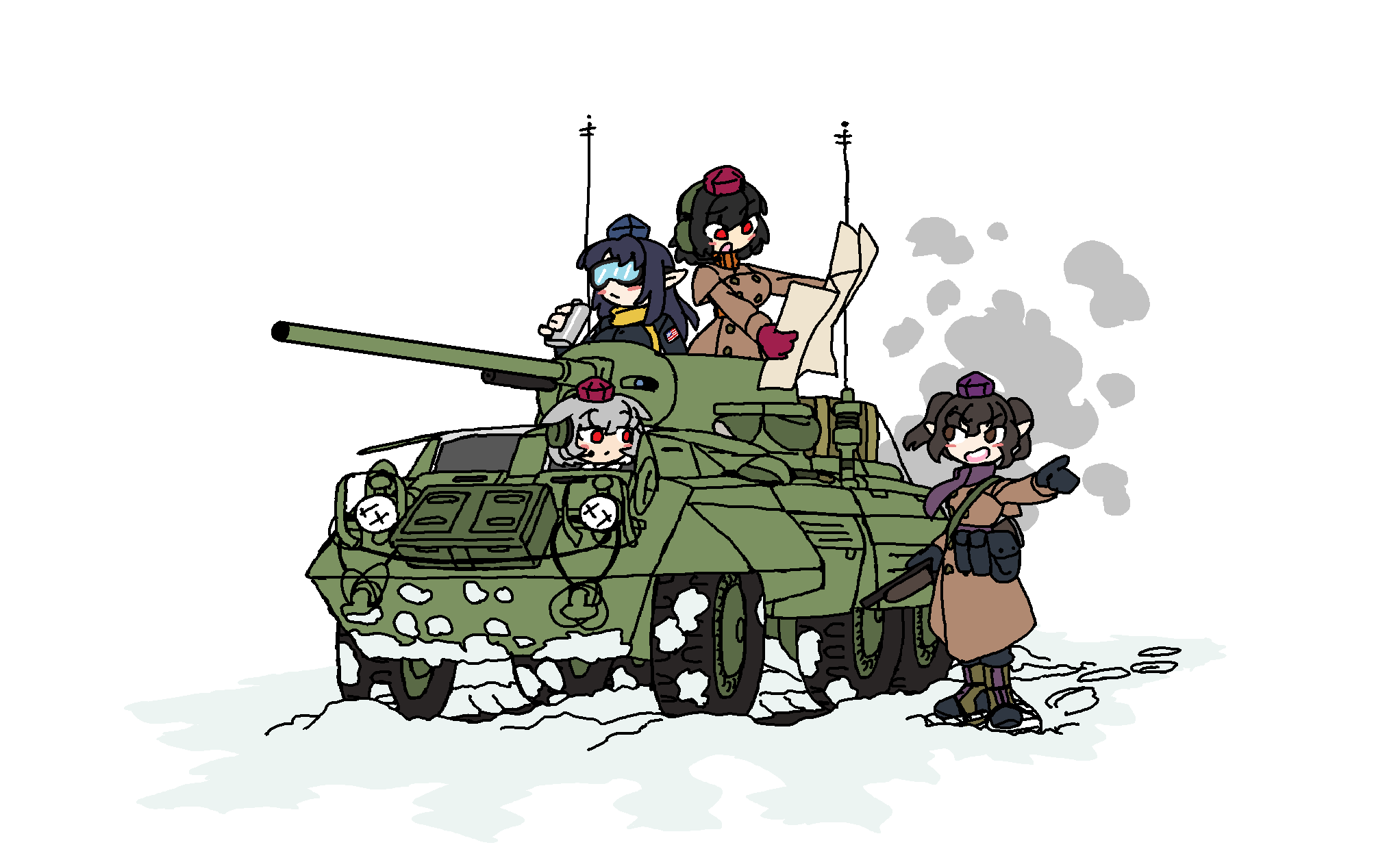 4girls, armored_personnel_carrier, armored_vehicle, brown_coat, cannon, coat, earmuffs, flask