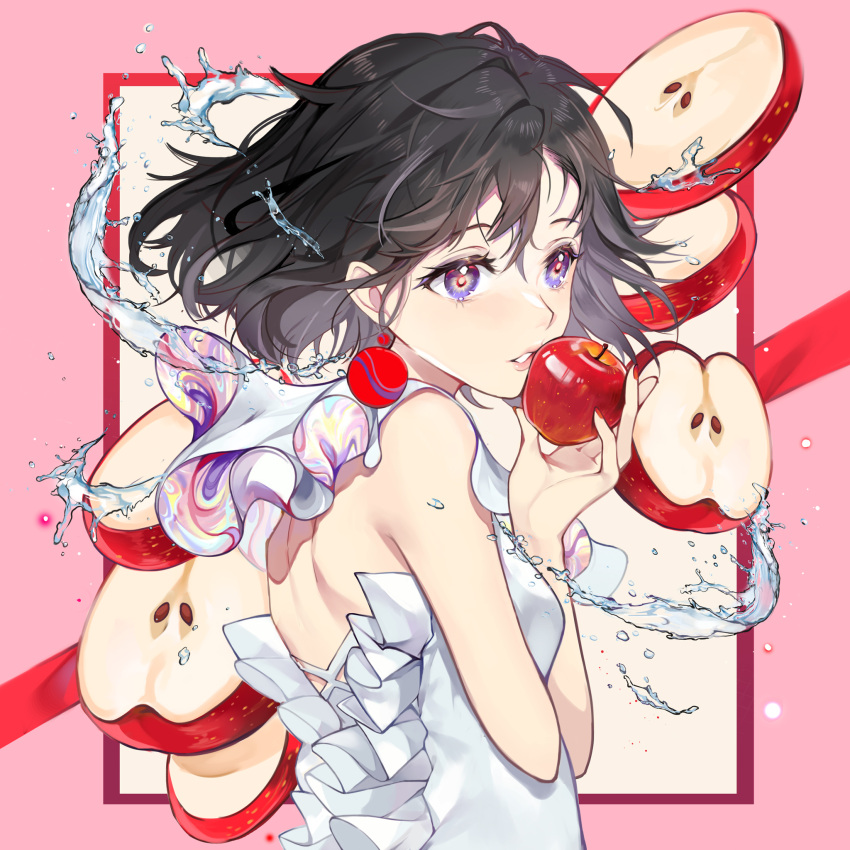 1girl, a_ghost_(dission), apple, apple_slice, back_cutout, bare_arms, bare_shoulders, black_hair