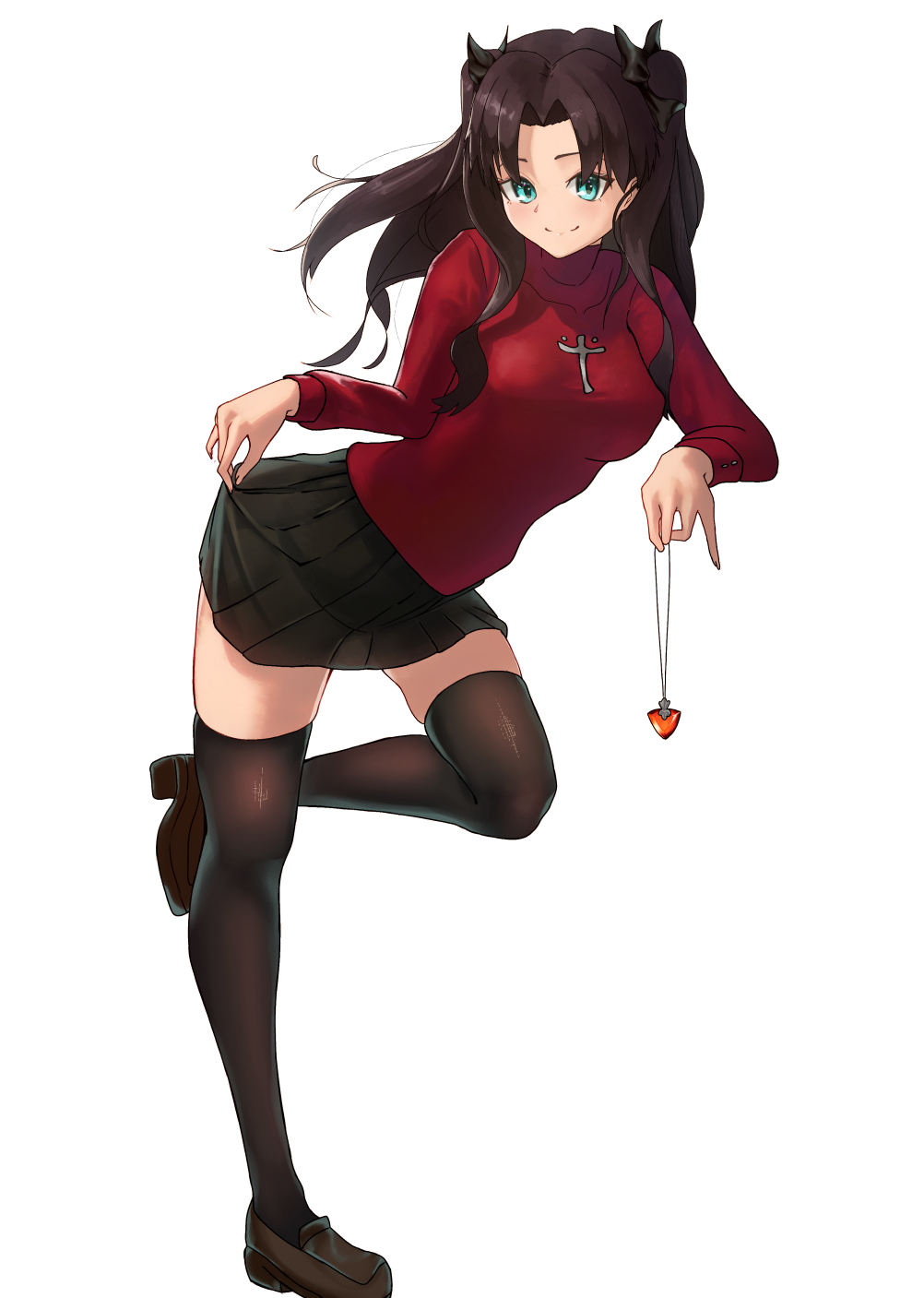 1girl, akagi_hiro, black_hair, black_skirt, black_thighhighs, blue_eyes, breasts, brown_shoes, closed_mouth, commentary_request, fate/stay_night, fate_(series), full_body, highres, holding_pendant, jewelry, leaning_to_the_side, long_hair, medium_breasts, miniskirt, pendant, red_sweater, rin's_pendant_(fate), shoes, simple_background, skirt, smile, solo, standing, standing_on_one_leg, sweater, thigh-highs, tohsaka_rin, turtleneck, turtleneck_sweater, two_side_up, very_long_hair, white_background, zettai_ryouiki
