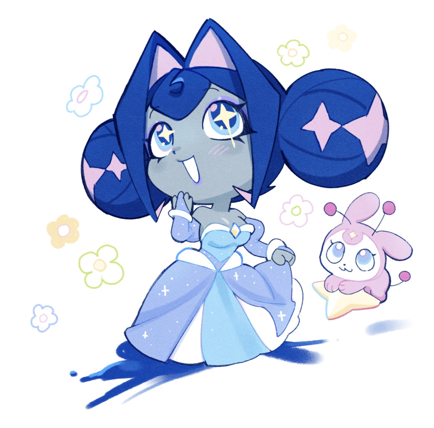 1girl, :3, animal_nose, antennae, ball_gown, blood, blue_blood, blue_eyes