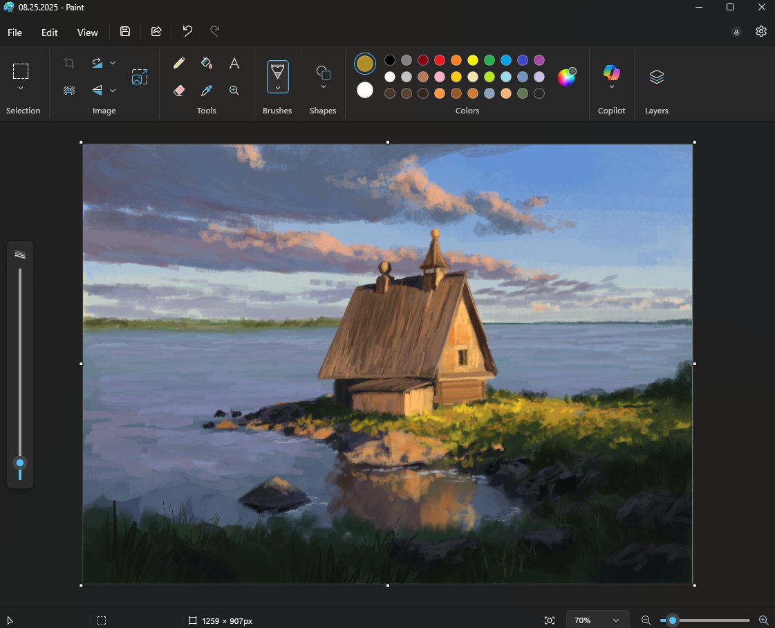 art_program_in_frame, cabin, christian_young, clouds, cloudy_sky, commentary, dark_cloud, english_text, grass, horizon, lake, landscape, microsoft_paint_(medium), microsoft_paint_(software), no_humans, original, outdoors, scenery, screenshot, sky, sunlight, sunset, water