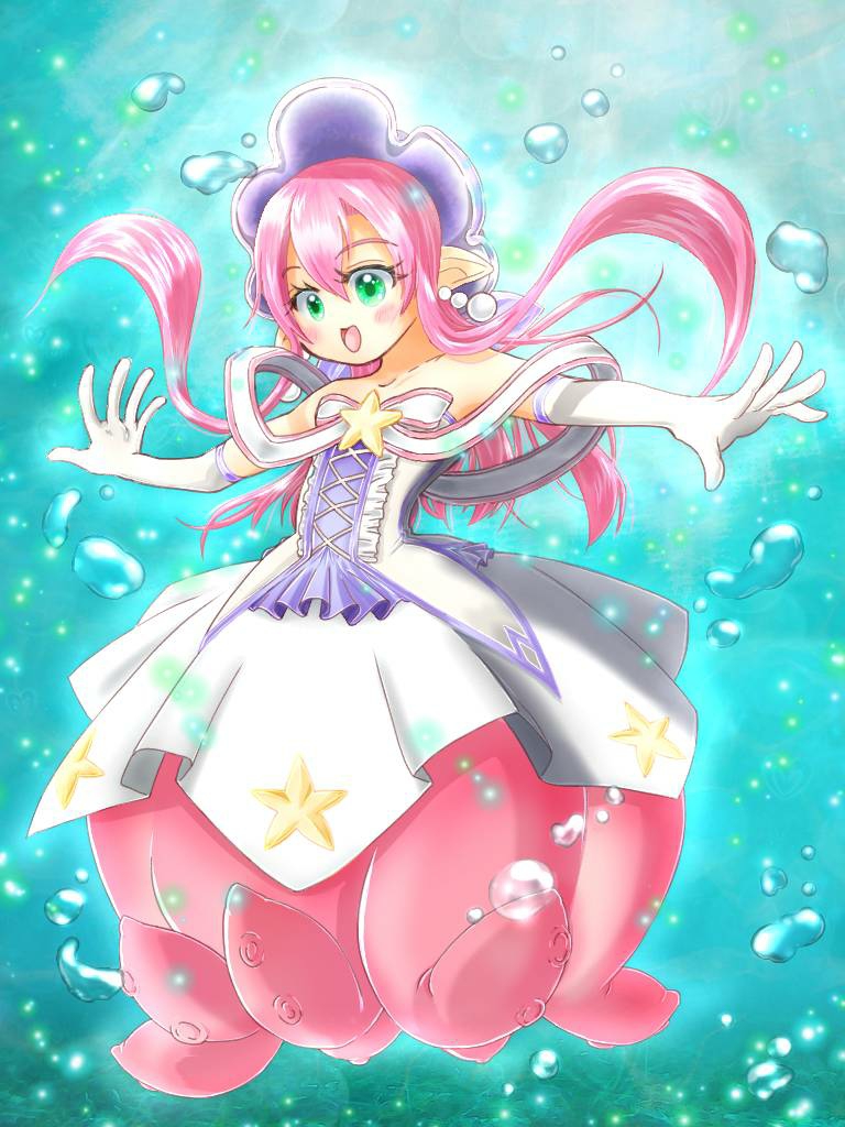 1girl, air_bubble, bare_shoulders, breasts, bubble, earrings, ecogorro560, elbow_gloves