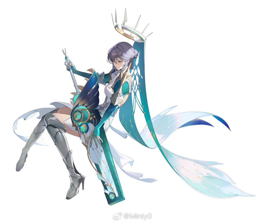 1girl, aqua_eyes, aqua_gloves, aqua_veil, armor, armored_boots, backless_dress, backless_outfit