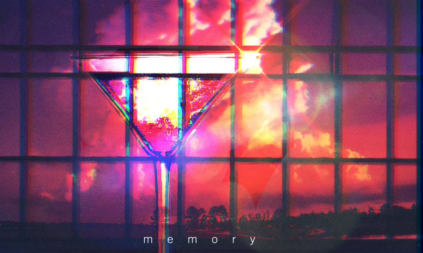 chromatic_aberration, clouds, cloudy_sky, cocktail_glass, commentary, cup, drinking_glass, english_commentary, english_text, highres, indoors, kinoko_no_sato, no_humans, orange_clouds, original, sky, sunset, window