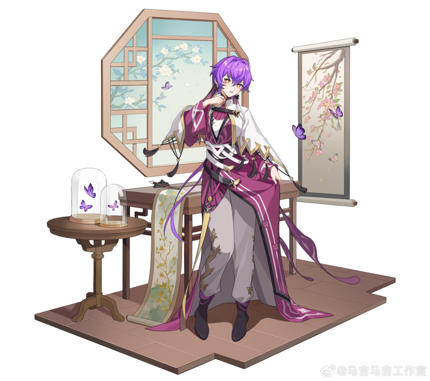 1girl, alternate_costume, antenna_hair, bell_jar, belt, black_shoes, branch, breasts