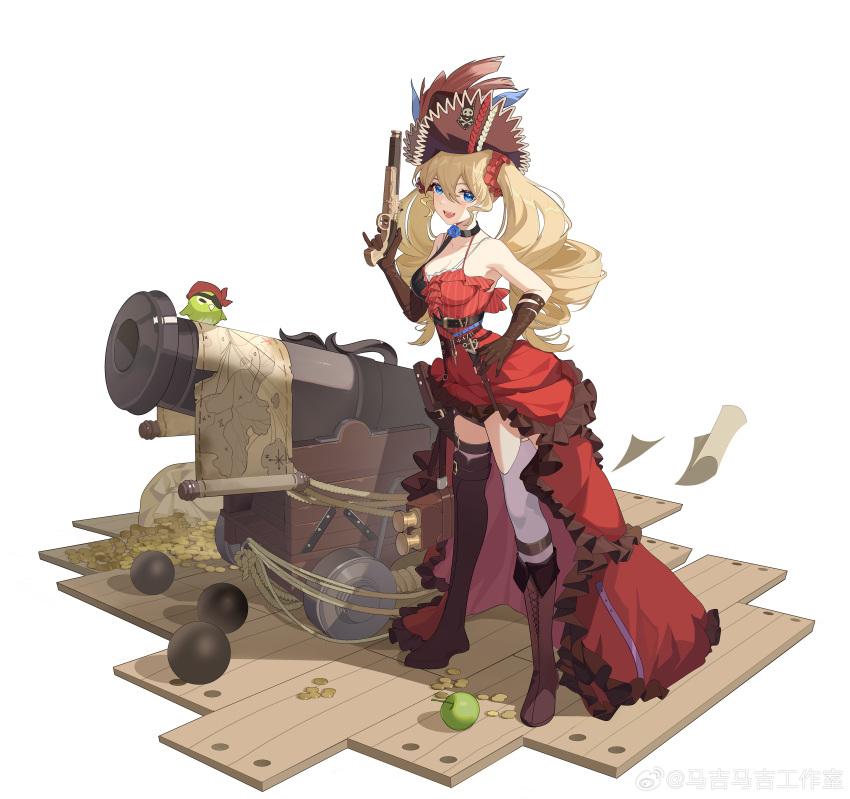 1girl, :d, absurdres, alternate_costume, anchor_ornament, anchor_symbol, animal, antique_cannon
