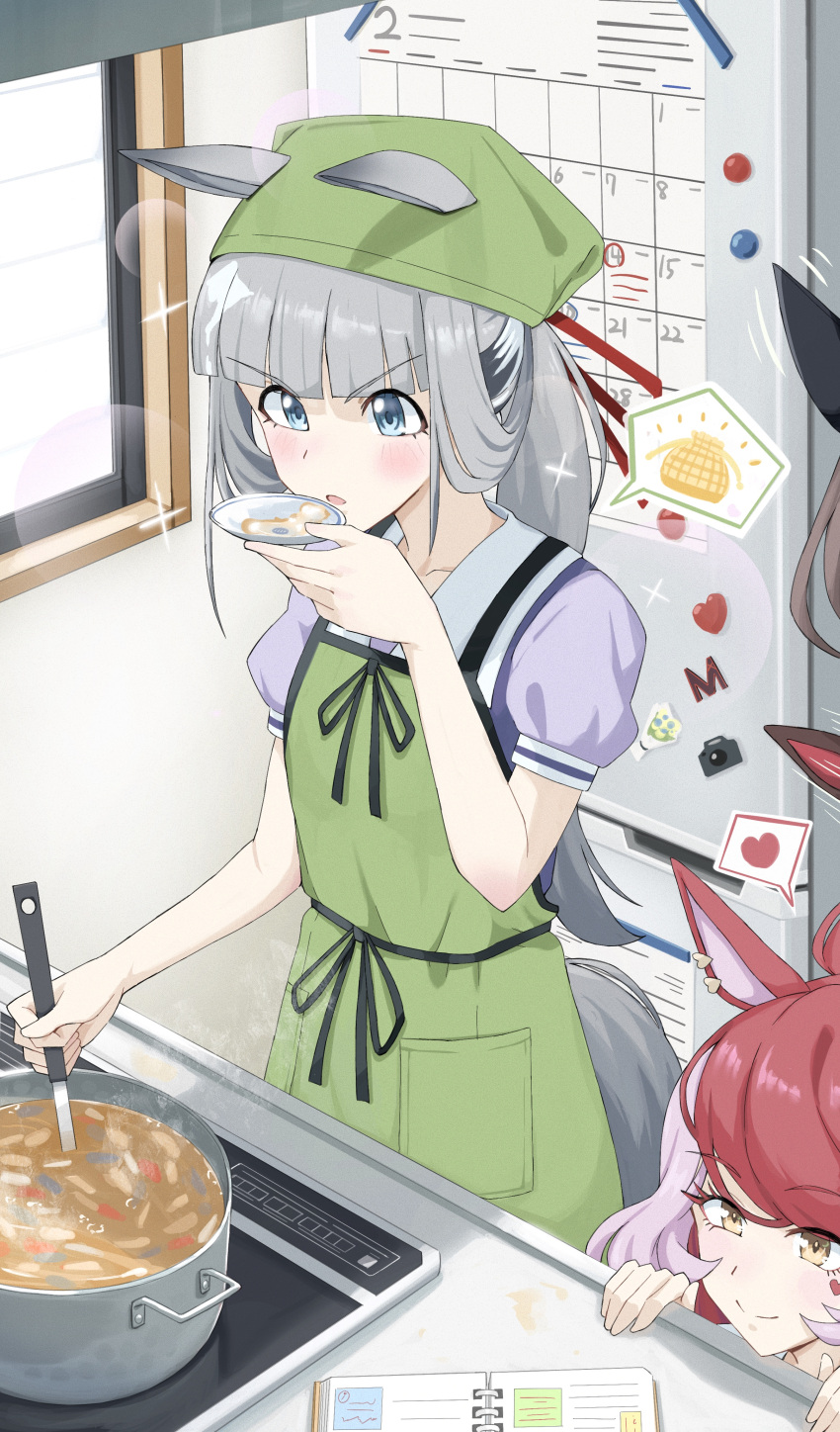 2girls, absurdres, alternate_hairstyle, animal_ears, blue_eyes, blunt_bangs, blush, calendar_(object)