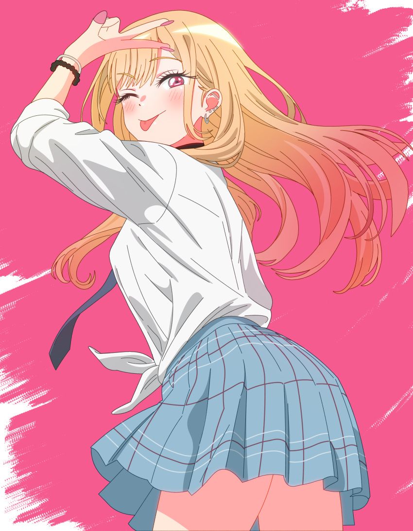 1girl, ;p, absurdres, arm_up, barbell_piercing, black_choker, blonde_hair, blue_skirt, bracelet, choker, commentary_request, ear_piercing, earrings, floating_hair, gyaru, highres, jewelry, kitagawa_marin, looking_at_viewer, miniskirt, one_eye_closed, piercing, pink_background, plaid_clothes, plaid_skirt, red_eyes, school_uniform, serafuku, shinonome_sakura, shirt, shirt_tucked_in, skirt, solo, sono_bisque_doll_wa_koi_wo_suru, tied_shirt, tongue, tongue_out, v, white_shirt