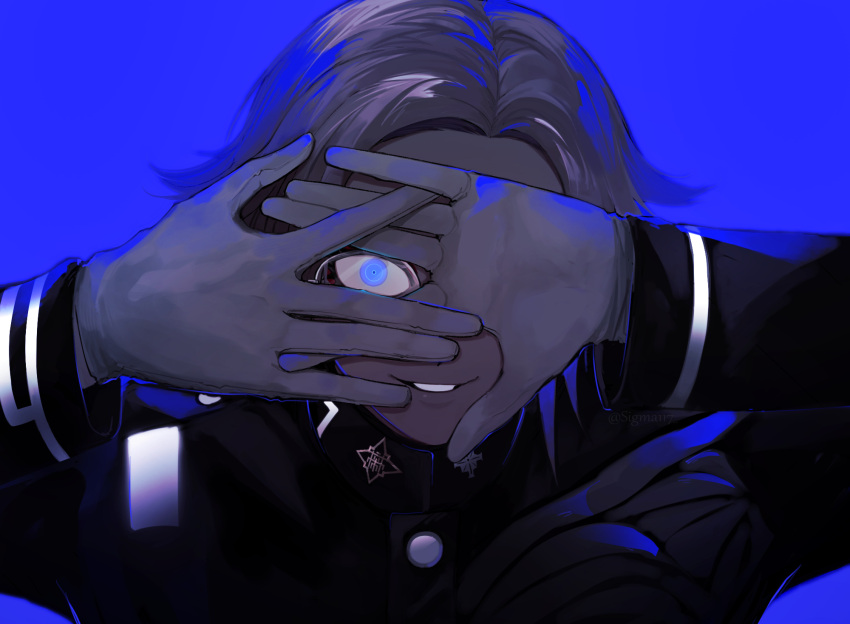 1boy, aotsuki_eito, arms_up, backlighting, black_jacket, blue_background, blue_eyes, covering_one_eye