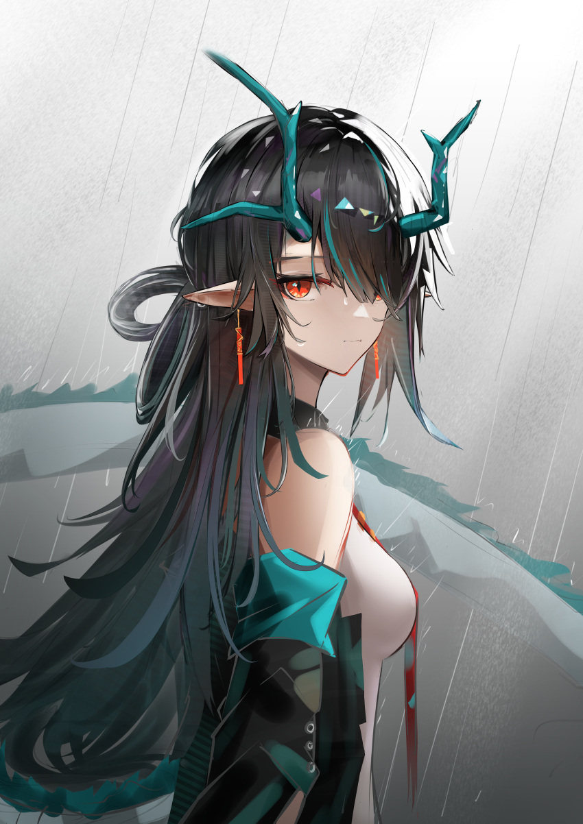 1girl, absurdres, aqua_hair, arknights, bare_shoulders, black_hair, black_jacket, chinese_commentary