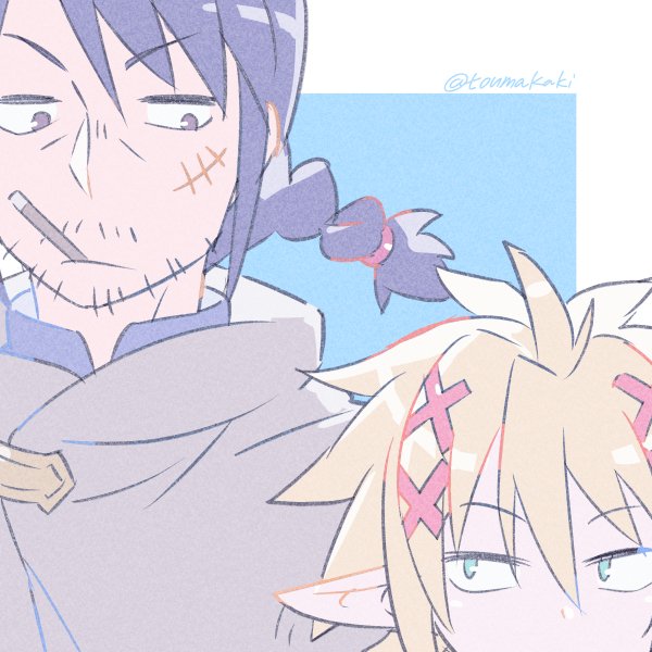 2boys, blonde_hair, blue_eyes, border, braid, dasshu_(dashi_now), facial_hair, grey_cloak
