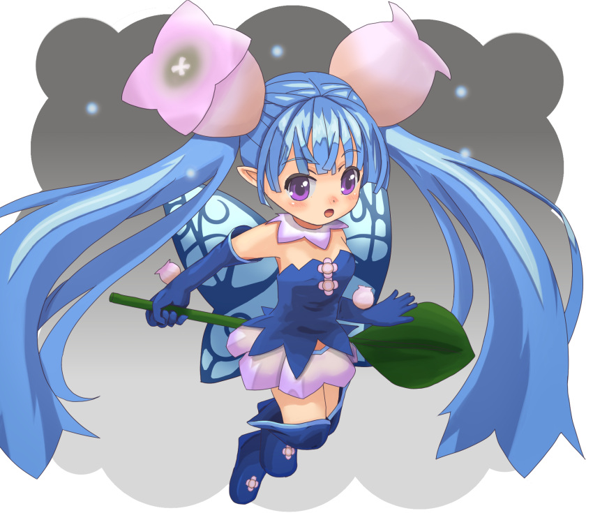 1girl, blue_boots, blue_gloves, boots, bow_flower, coconyo, elbow_gloves, emil_chronicle_online, fairy_wings, gloves, highres, holding, holding_plant, long_hair, off-shoulder_shirt, off_shoulder, open_mouth, plant, pointy_ears, purple_skirt, shirt, shugoma_satsuki, skirt, solo, twintails, violet_eyes, wings