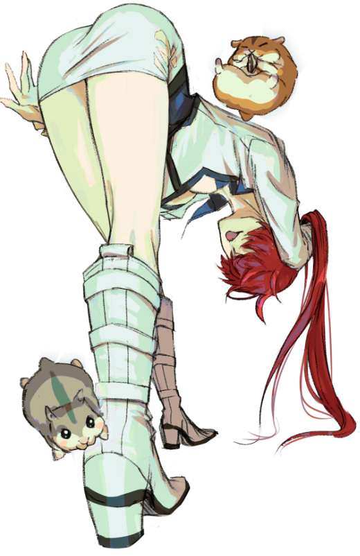 1girl, animal, boots, breasts, hamster, hitsuji_kusa, long_hair, red_hair