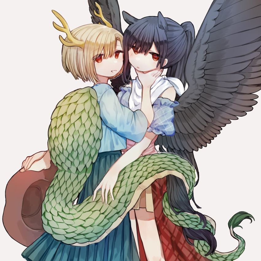 animal_ears, antlers, bandana, black_hair, black_wings, blonde_hair, blue_bow, blue_shirt