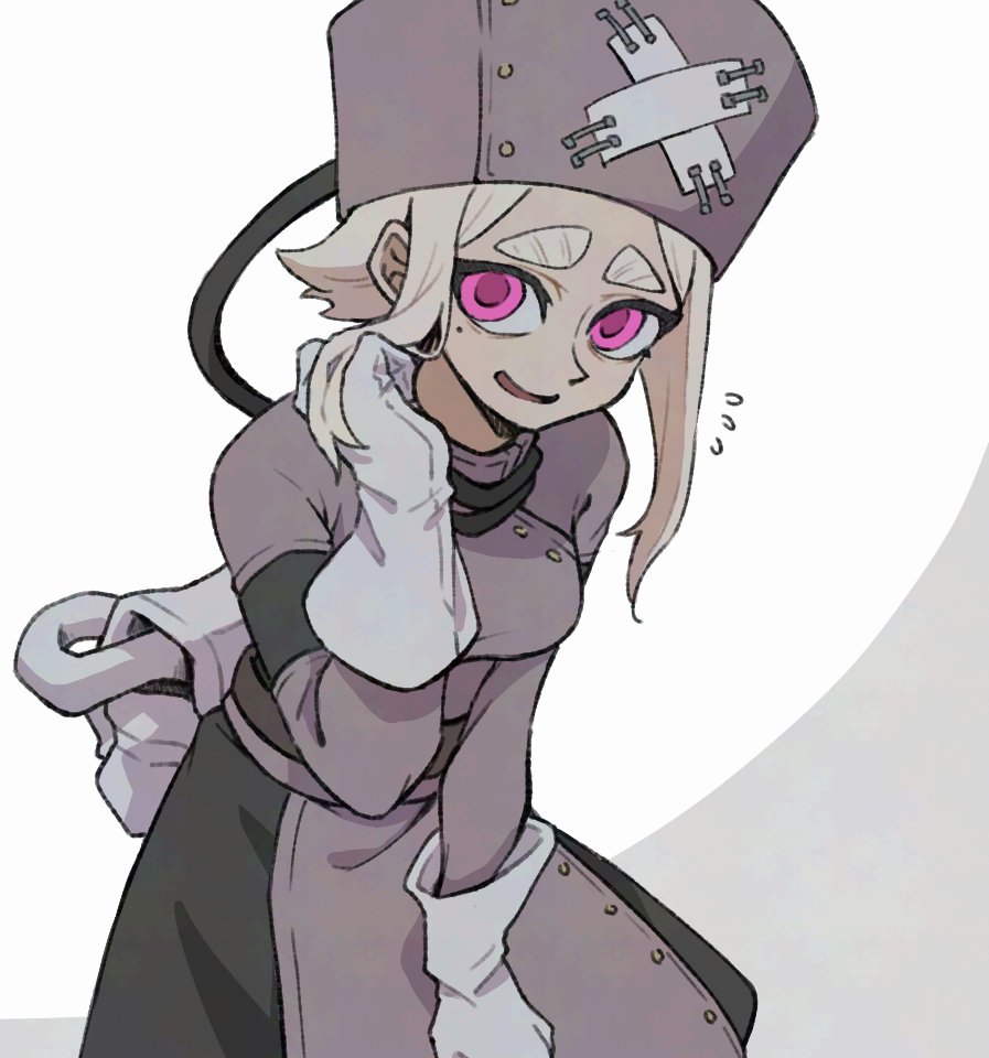 1girl, cable, dress, eishia_stilza, flying_sweatdrops, gachiakuta, gloves, grey_dress, grey_hat, hat, looking_at_viewer, mole, mole_under_eye, nurse_cap, open_mouth, pouch, simple_background, smile, solo, teo_(teorekka), white_background, white_bag, white_gloves