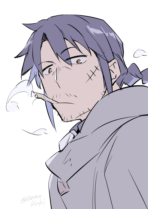 1boy, brown_eyes, closed_mouth, commentary_request, dasshu_(dashi_now), facial_hair, grey_cloak, ishuzoku_reviewers