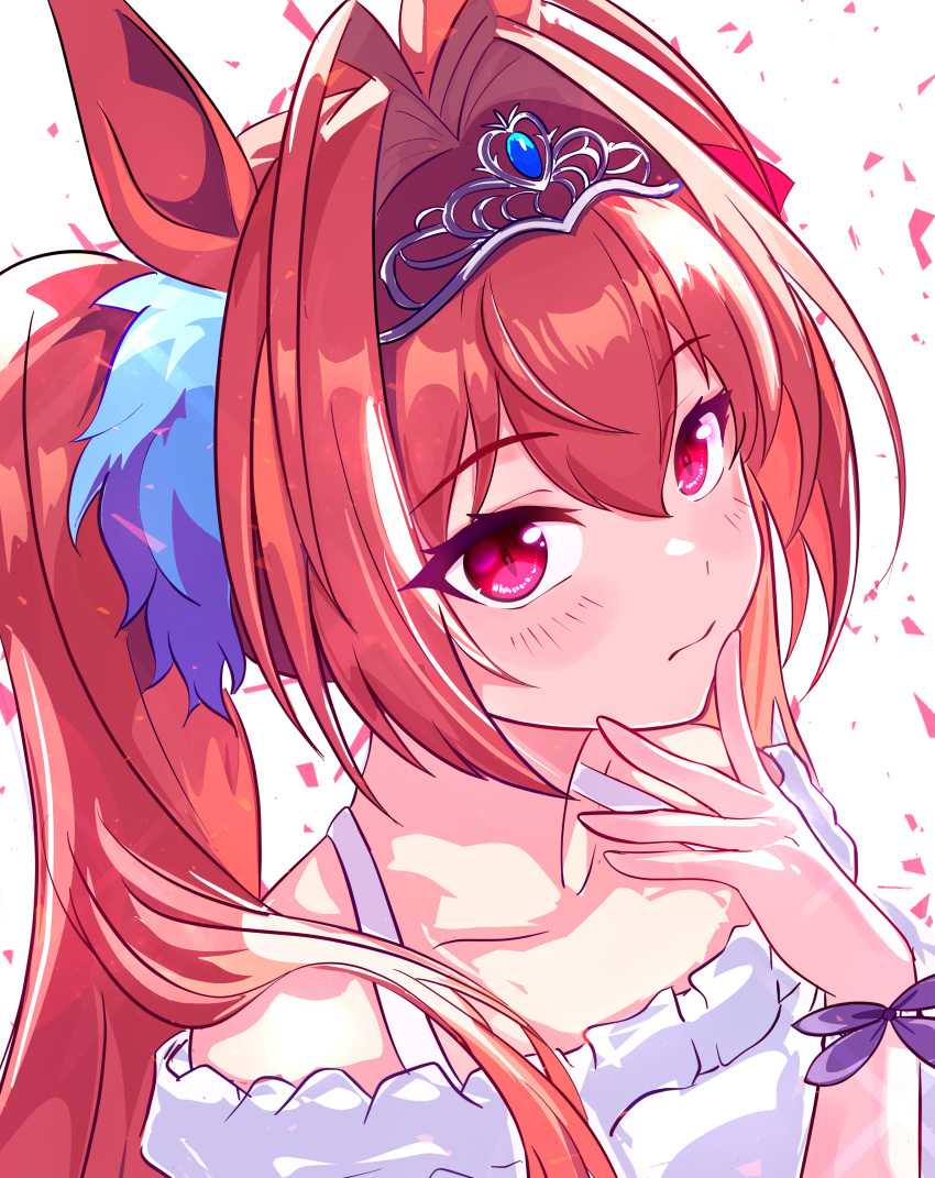 1girl, absurdres, animal_ears, bare_shoulders, blush, closed_mouth, collarbone, commentary, daiwa_scarlet_(umamusume), dress, hair_between_eyes, hair_intakes, hand_up, highres, horse_ears, horse_girl, kanon_(user_rrhr4244), long_hair, looking_at_viewer, off-shoulder_dress, off_shoulder, orange_hair, portrait, red_eyes, sleeveless, sleeveless_dress, solo, tiara, twintails, umamusume, white_background, white_dress